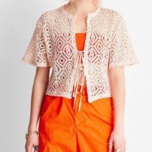 Women’s Short Sleeve Tie-Front Crochet Shirt Future Collective Tan Size XS NWT
